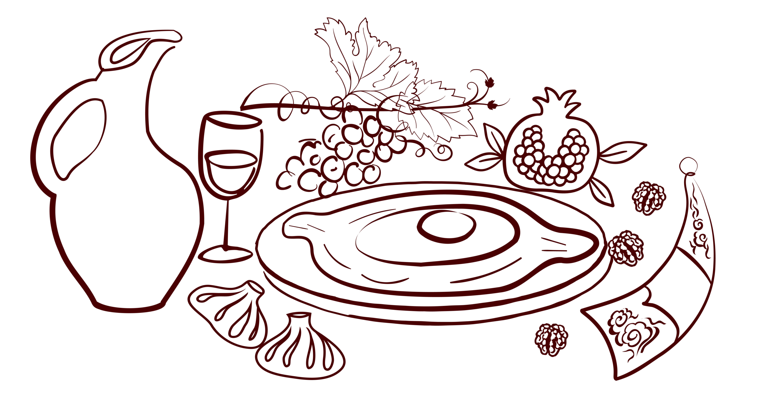 Illustration décorative inspirée de la cuisine géorgienne avec vin, khachapuri, khinkalis et raisins chez Nous, restaurant géorgien à Paris