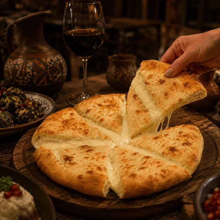 Khachapuri au fromage fondant servi chez Nous, restaurant géorgien à Paris 19, spécialité traditionnelle géorgienne khachapuri paris restaurant géorgien paris 19 cuisine géorgienne paris chez nous restaurant géorgien plat géorgien traditionnel