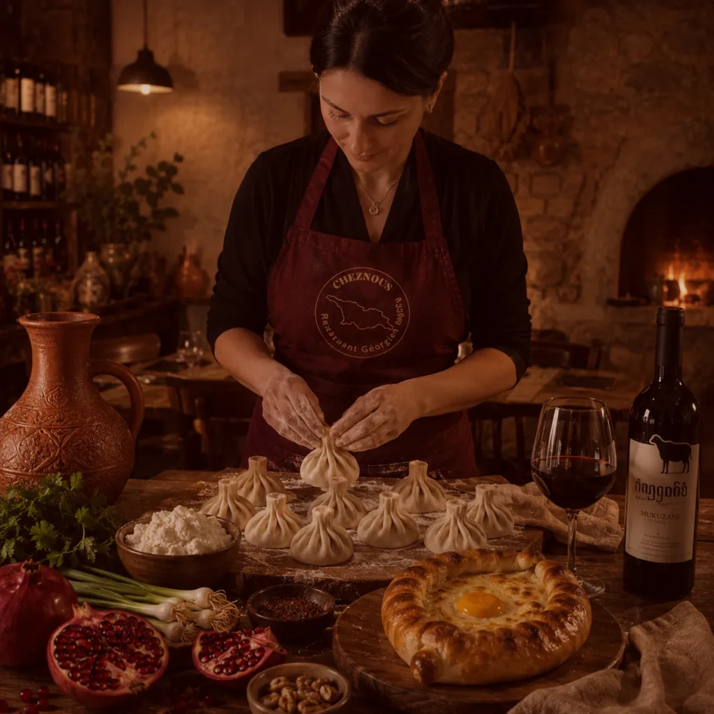 Préparation artisanale de khinkali et khachapuri dans la cuisine du restaurant géorgien Chez Nous à Paris, avec produits frais, recettes traditionnelles et vin géorgien Mukuzani.