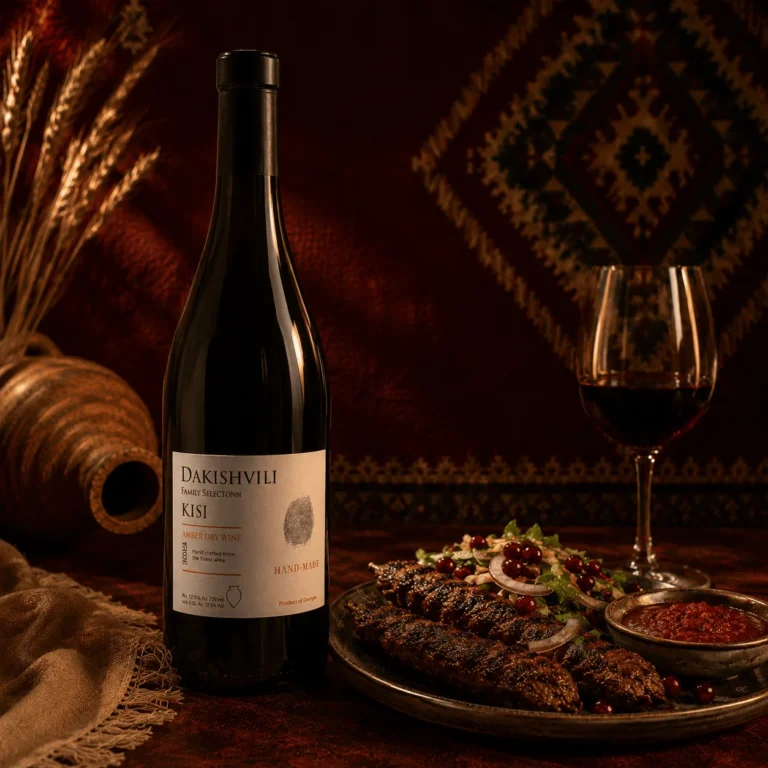 Bouteille de Dakishvili Kisi, vin orange géorgien élaboré en qvevri, servie chez Nous restaurant géorgien à Paris 19