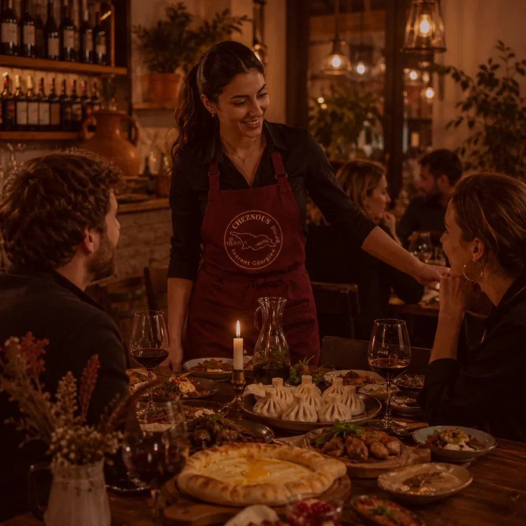 Serveuse accueillant des clients dans le restaurant géorgien Chez Nous à Paris 19ème arrondissement autour d'une table conviviale composée de khinkali, khachapuri, grillades et vins géorgiens.