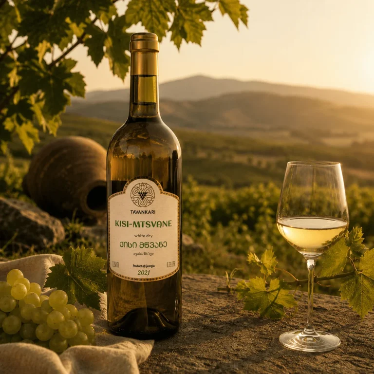 Bouteille de Kisi Mtsvane, vin blanc géorgien aux arômes floraux et fruités, servie chez Nous restaurant géorgien à Paris 19