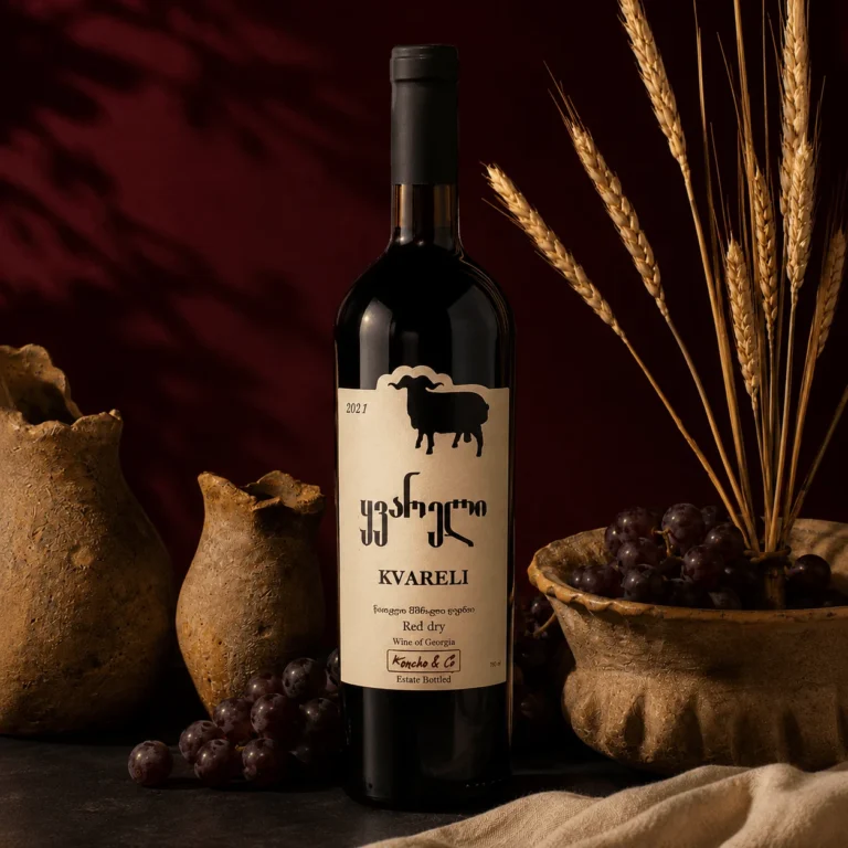 Bouteille de Kvareli, vin rouge géorgien premium à base de Saperavi, servie chez Nous restaurant géorgien à Paris 19, spécialité viticole de Kakheti