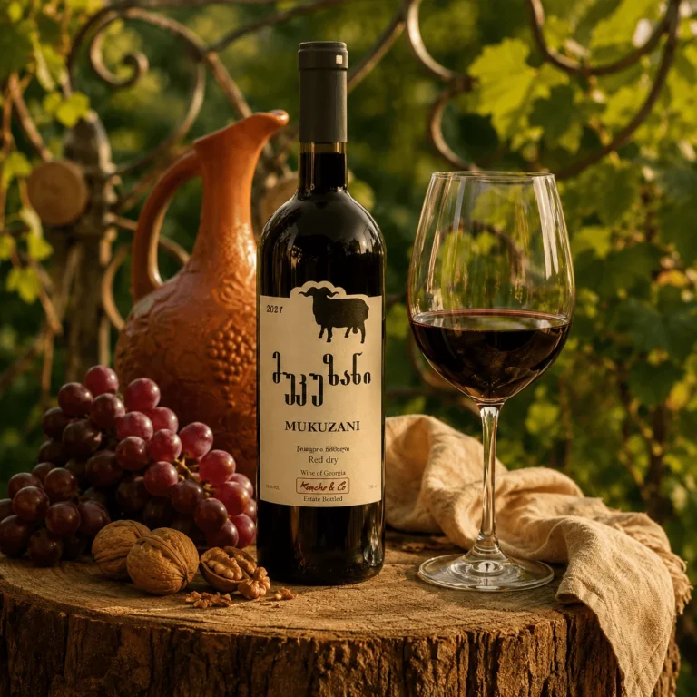 Bouteille de Mukuzani, vin rouge sec géorgien prestigieux issu du cépage Saperavi, servi chez Nous restaurant géorgien à Paris 19