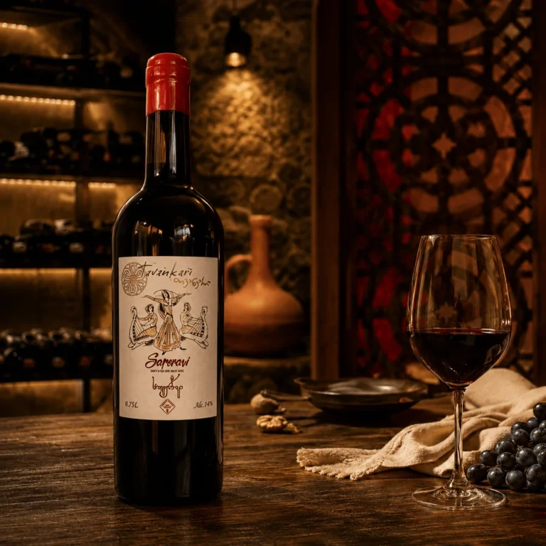Bouteille de Saperavi géorgien servie chez Nous restaurant géorgien Paris 19, vin rouge traditionnel aux arômes de fruits noirs