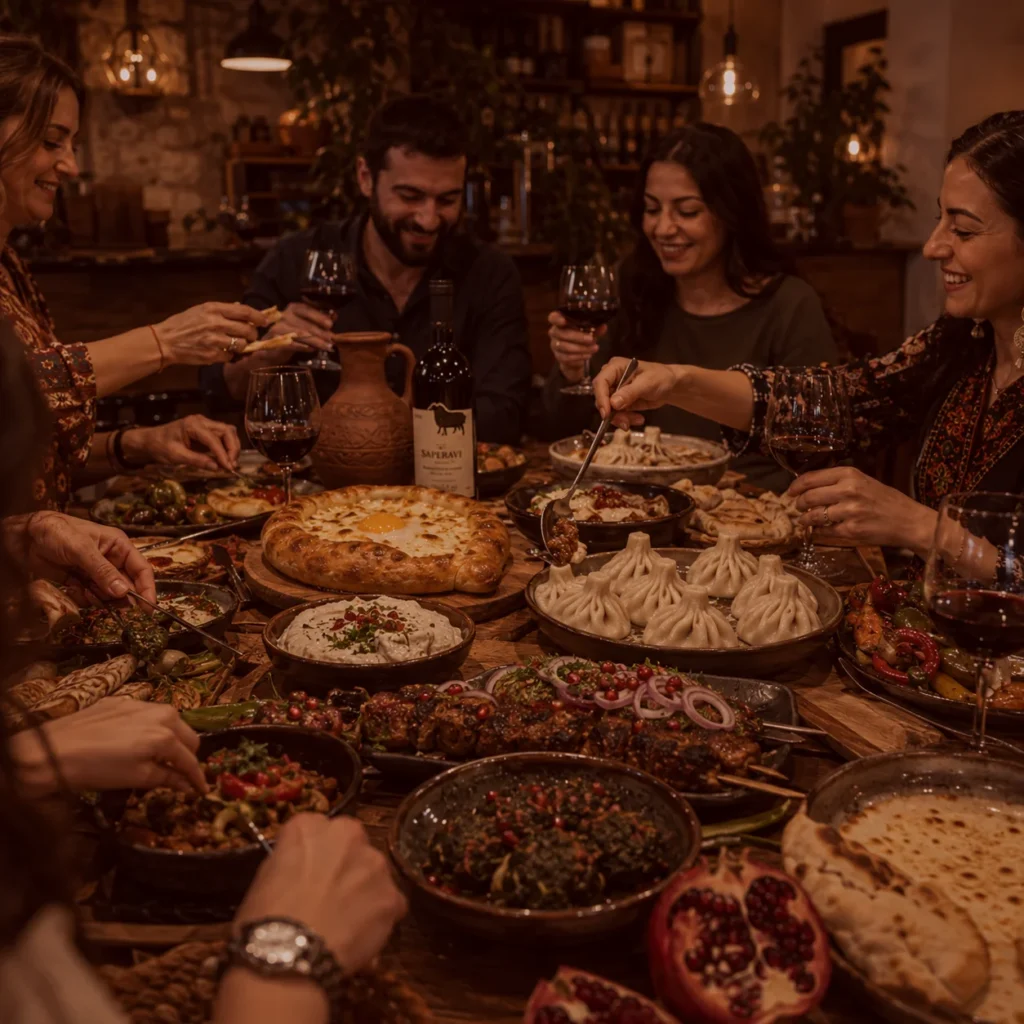 Grande table de spécialités géorgiennes à partager avec khinkali, khachapuri, grillades, vins géorgiens Saperavi et cuisine familiale traditionnelle au restaurant Chez Nous à Paris.