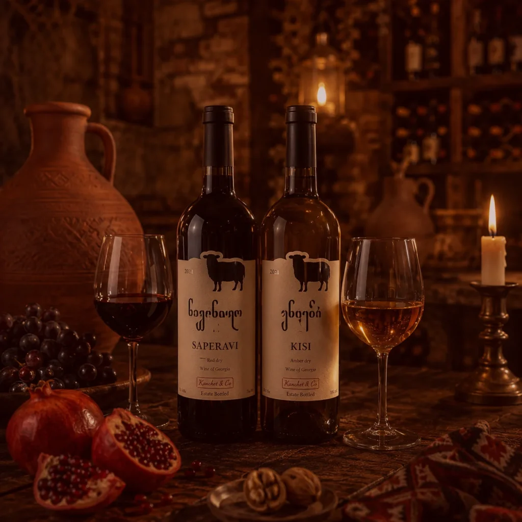 Sélection de vins géorgiens Saperavi et Kisi servie au restaurant géorgien Chez Nous à Paris, accompagnée de spécialités traditionnelles et de l'ambiance chaleureuse des caves géorgiennes.