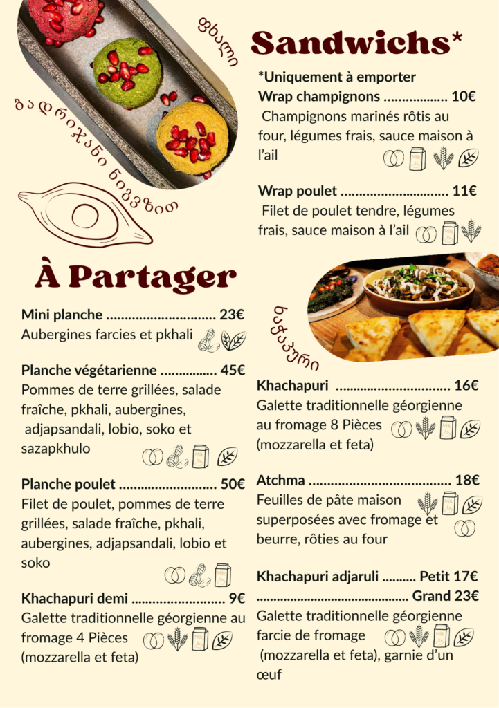 Carte des spécialités géorgiennes Chez Nous avec khachapuri, khachapuri adjaruli, planches à partager, achma, wraps géorgiens et cuisine maison à Paris 19.