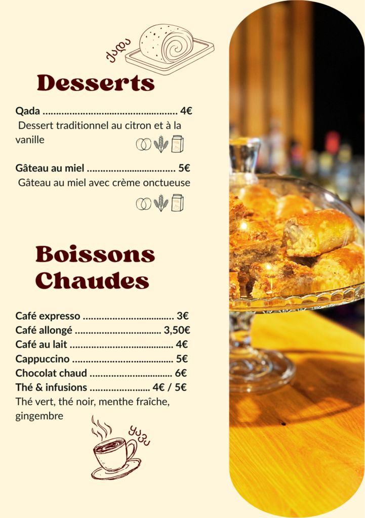 Carte des desserts géorgiens Chez Nous avec gâteau au miel, dessert traditionnel géorgien, café, thé et boissons chaudes servies à Paris 19.